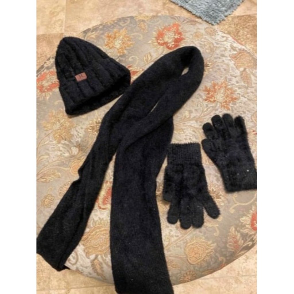 Womens Winter Warm Knit Beanie Hat Touchscreen Gloves Long Neck Scarf Set